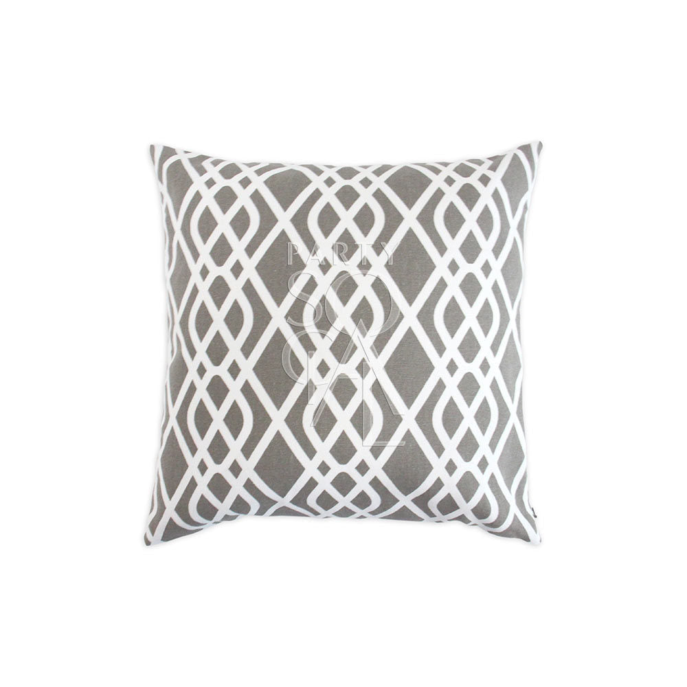 CUSHION GREY CURSIVE PRINT: Grey and white patterned throw pillow in premium linen, ideal for adding elegance to event decor.
