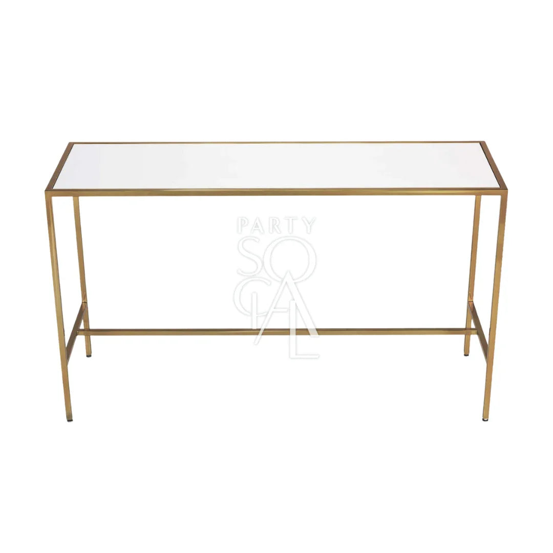 HIGH GLASS RECTANGULAR TABLE W/ GOLD BASE, designed for elegant corporate events and home functions, complements Party Social&