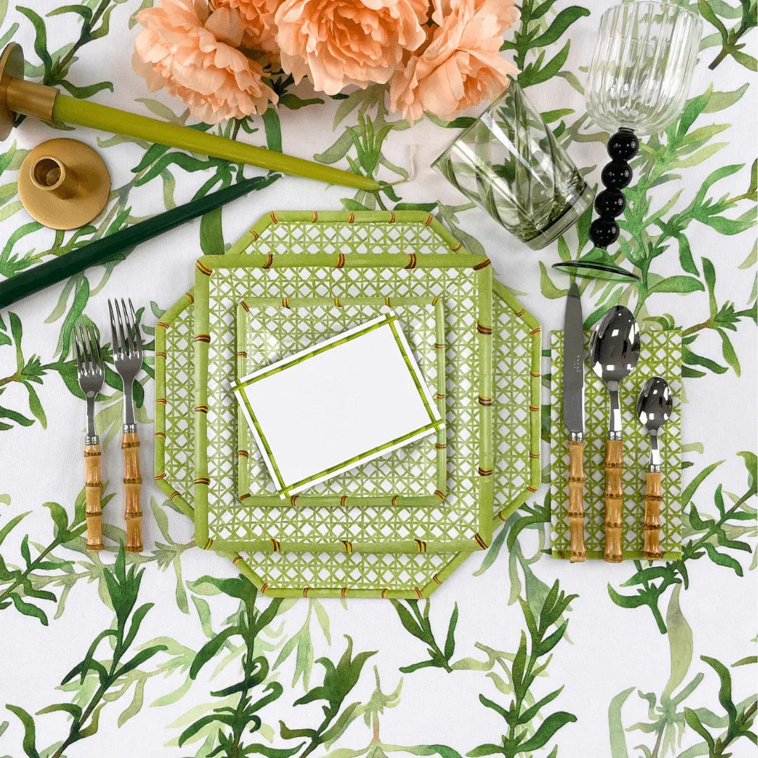 Bamboo Border Blank Correspondence Cards - 20 Per Package displayed with floral design stationery, glasses, and cutlery. Elegant stationery set for any occasion, featuring licensed artwork in a gold foil box.