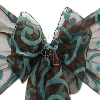 CHAIR SASH SHEER ORGANZA, a brown and blue sheer organza sash tied into a bow, ideal for enhancing event chair decor.