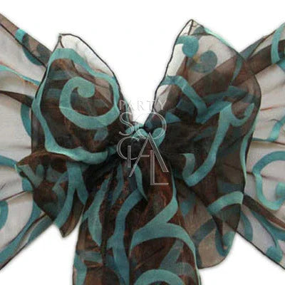 CHAIR SASH SHEER ORGANZA, a brown and blue sheer organza sash tied into a bow, ideal for enhancing event chair decor.