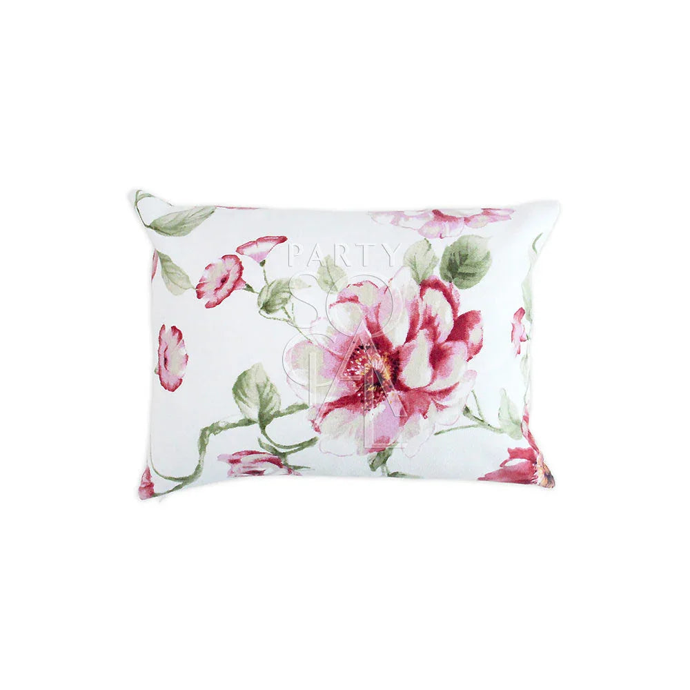 CUSHION WHITE & LARGE PINK FLOWERS: A white throw pillow with large, printed pink floral design, perfect for adding elegance to party or event decor.
