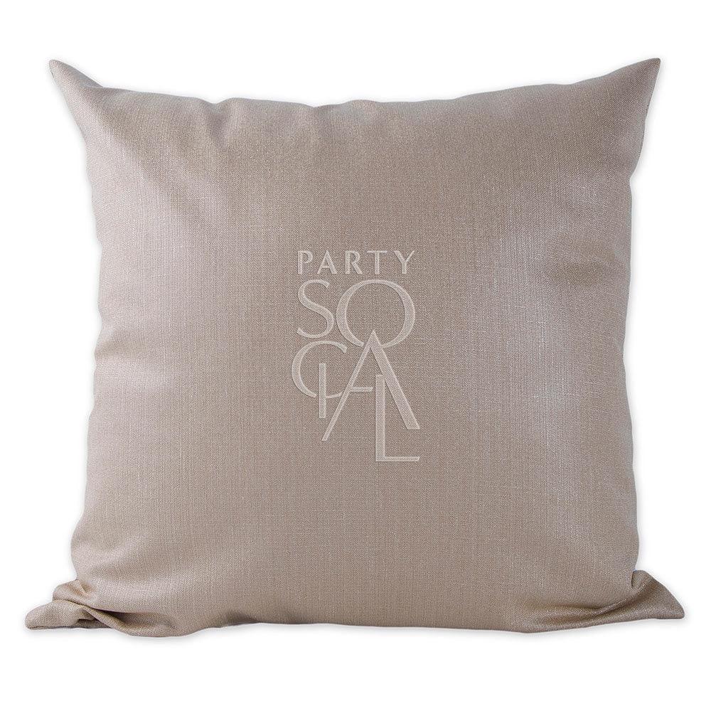 CUSHION COVER LINEN BLEND featuring a subtle logo, showcasing a detailed fabric texture, ideal for adding elegance to party and event settings.
