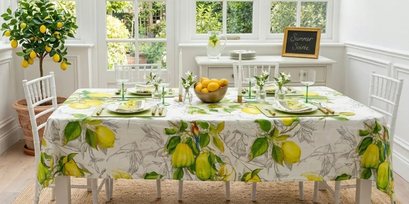 Dining table set with a lemon-themed tablecloth in a bright room.