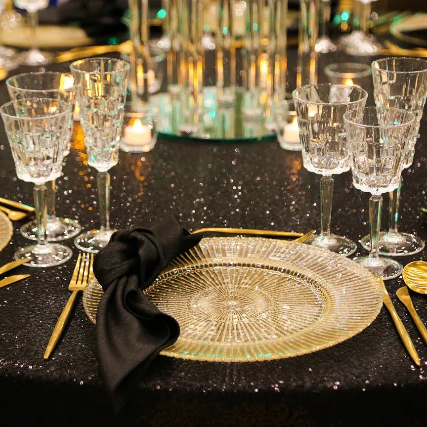 CRYSTAL MYKONOS GLASSES displayed elegantly on a table, paired with cutlery, showcasing a polished finish suitable for premium events and stylish dinner parties.