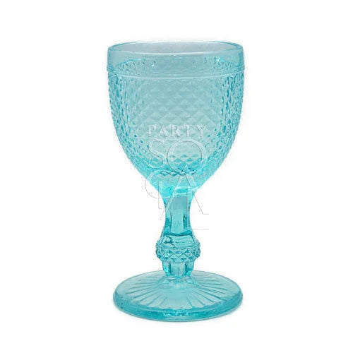 Vintage Diamond Goblets: Elegant blue glass goblet with diamond-cut design, perfect for enhancing formal or rustic table settings at events or dinner parties.