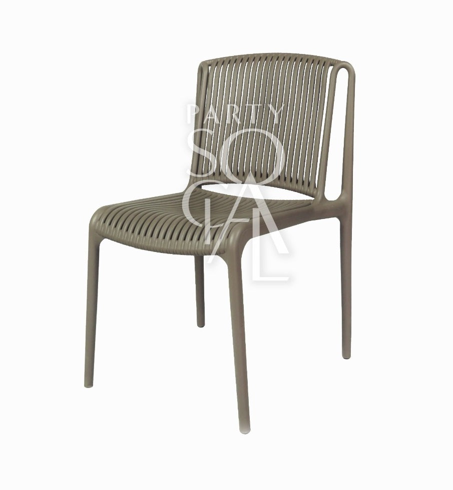 LINED TAUPE CHAIR with armrests, designed for versatile event settings, popular for weddings and corporate functions.