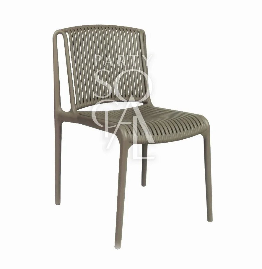 LINED TAUPE CHAIR: Modern plastic chair with armrests, ideal for events like weddings and corporate functions, offered by Party Social for versatile occasions.