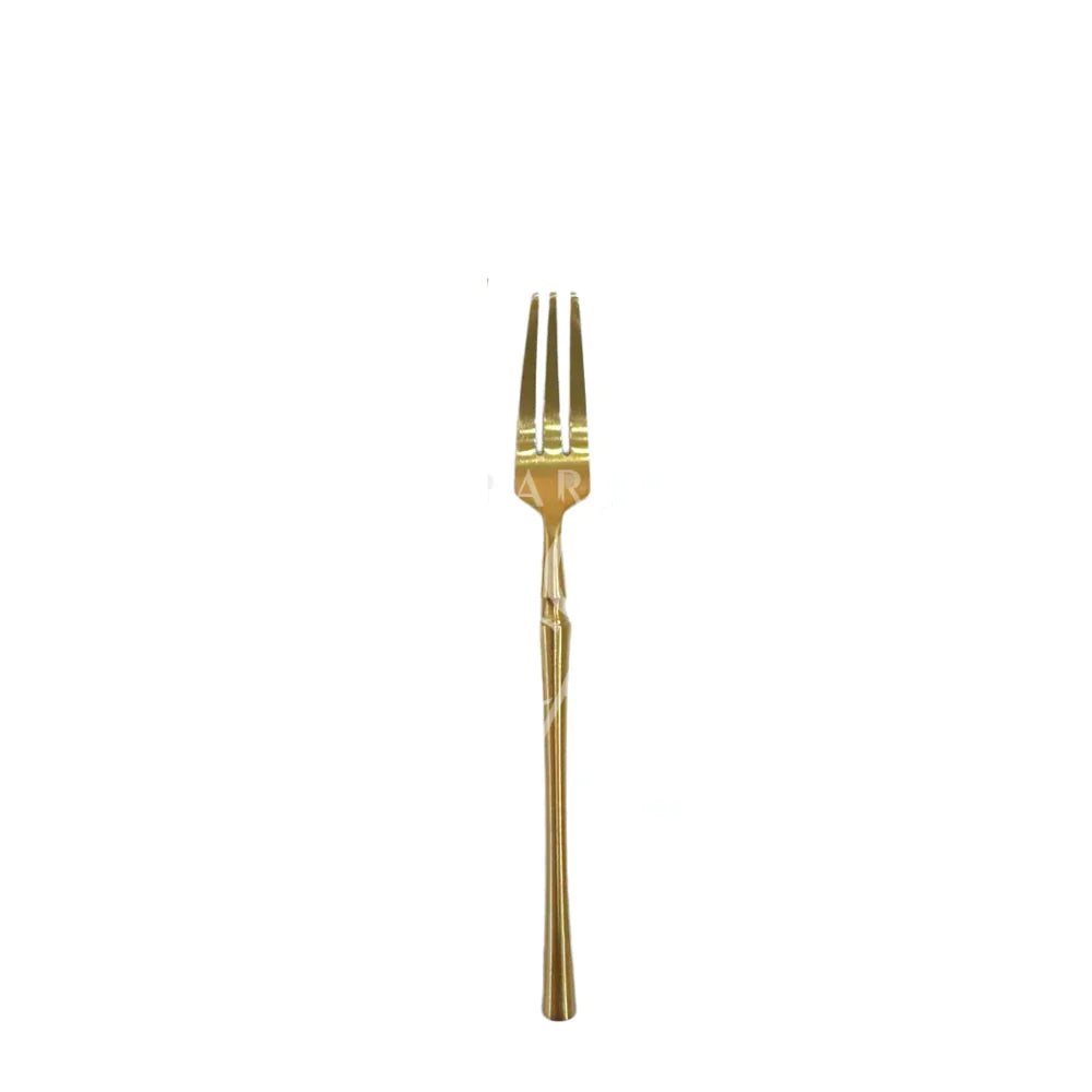 Close-up of CUTLERY LUXE GOLD fork, showcasing its sophisticated design and radiant finish, ideal for elevating event table settings with elegance.