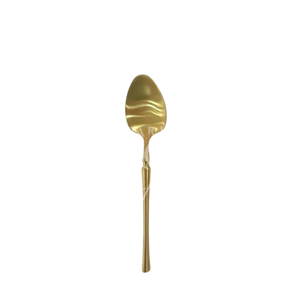 Close-up of CUTLERY LUXE GOLD, featuring a long-handled gold spoon, showcasing its elegant design and high-quality finish for sophisticated event settings.