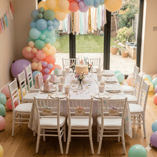 Mini Chiavari Chair White: Elegant, spindle-back children's seating around a pastel-themed birthday table with cake, confetti, and balloons for a refined party ambiance.