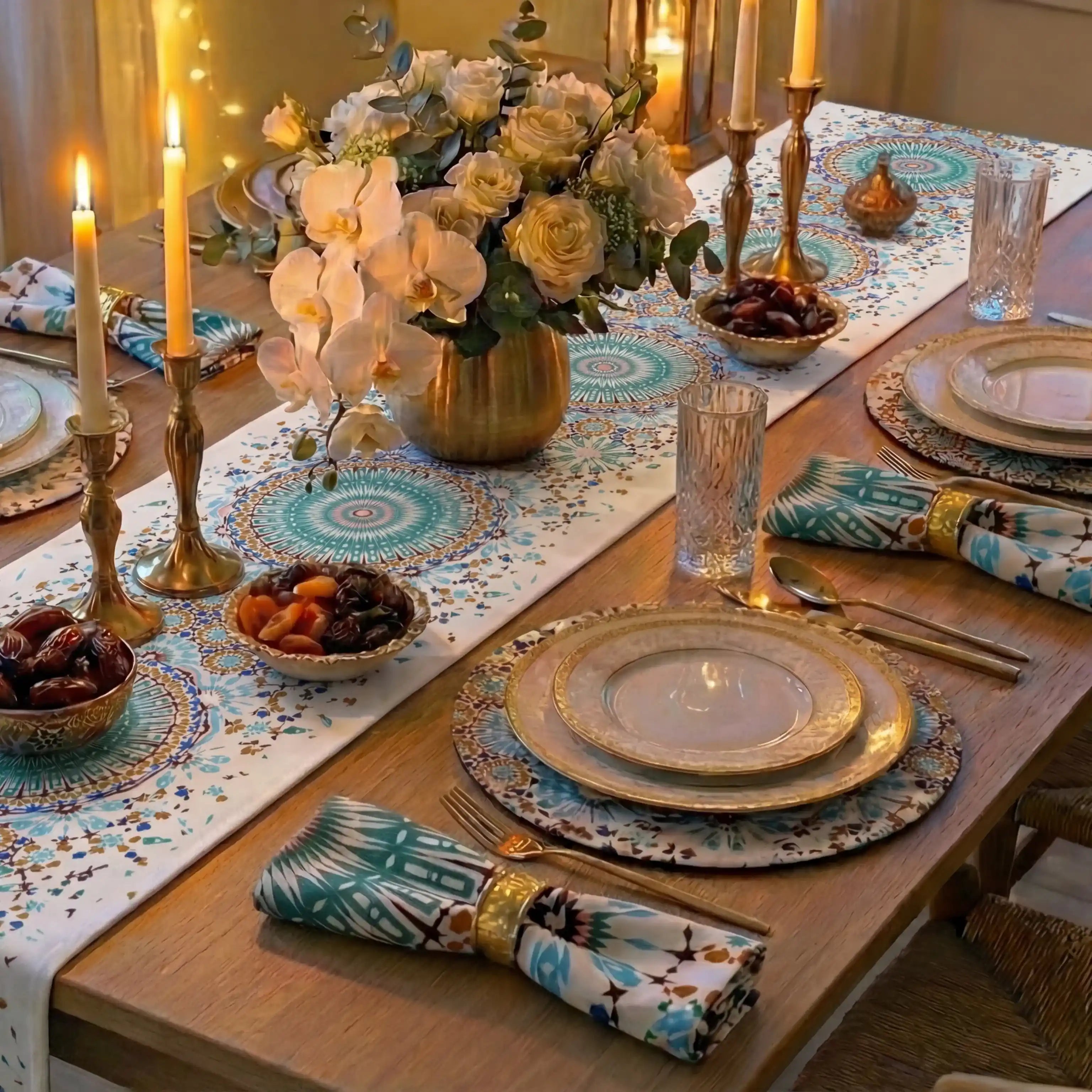 Arabesque Gift Box by Party Social: Elegant dining table with teal-gold mandala runner, brass candlesticks, gold-rimmed plates, and coordinated napkins for a festive Ramadan setting.