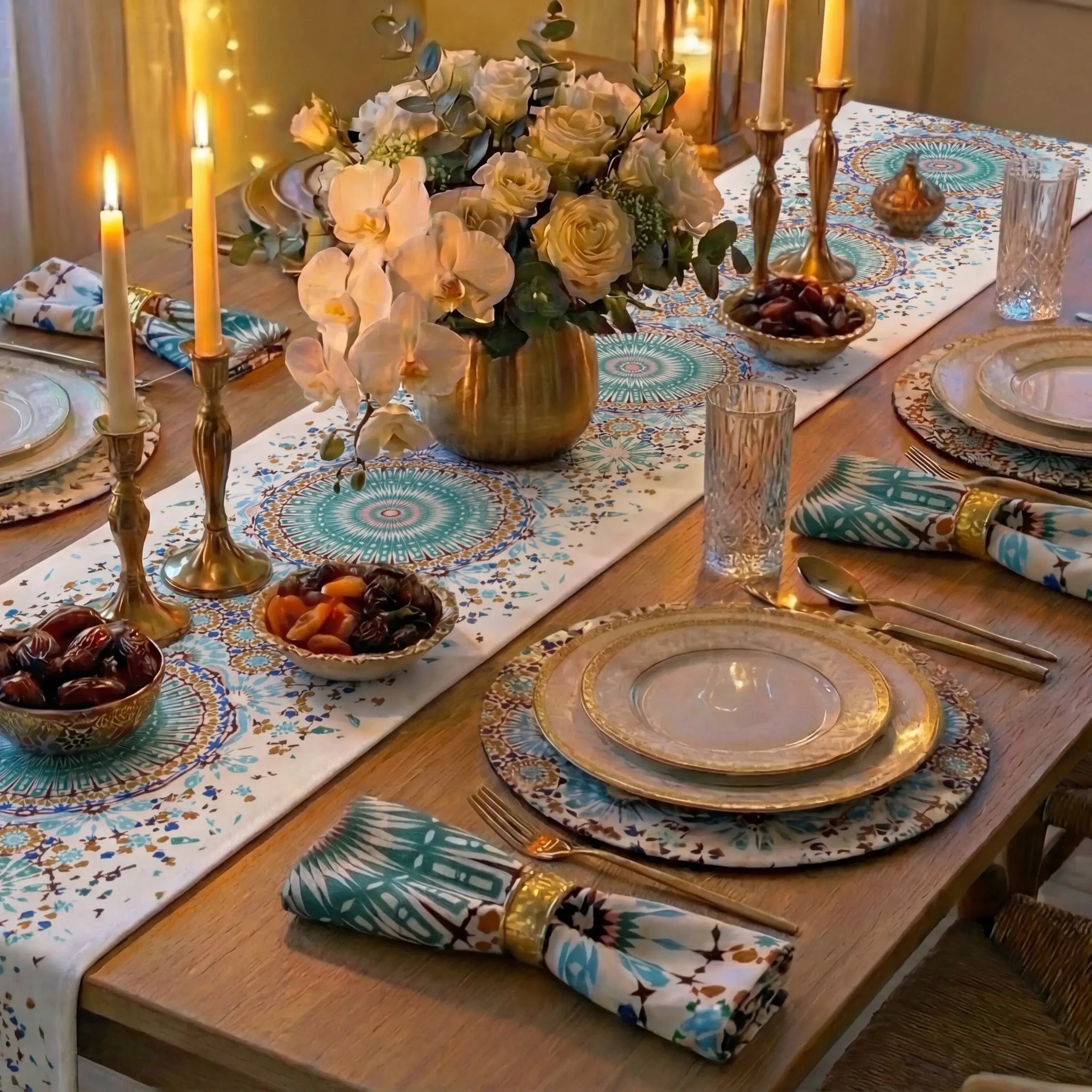 Elegant dining table with Moroccan Polyester Linen Napkin featuring a geometric pattern, paired with gold accents, floral centerpiece, and layered place settings for a refined tablescape.