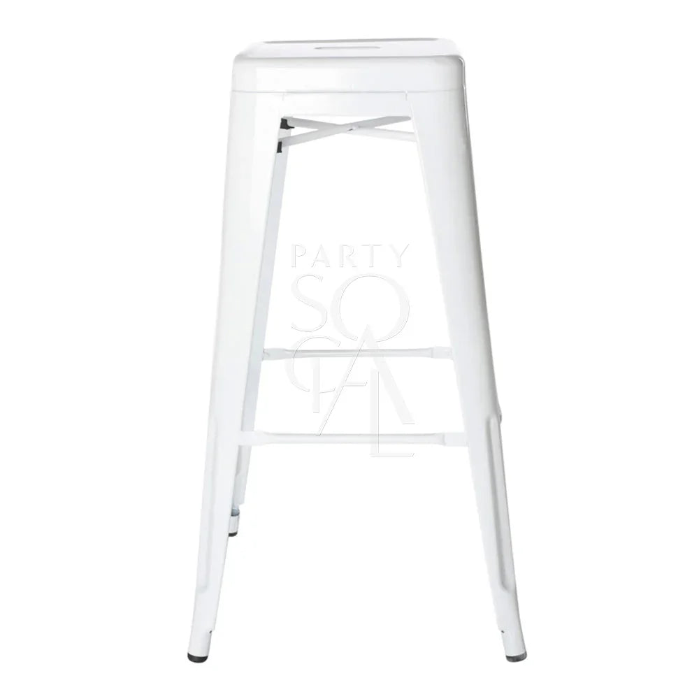 White Metal Bar Stool with square seat, ideal for corporate events and home functions, available from Party Social for rental or purchase.