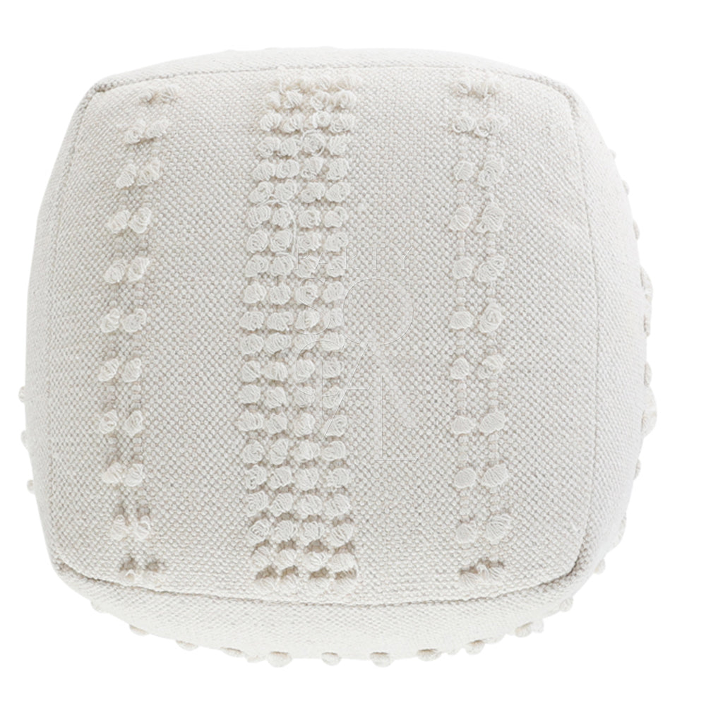 FABRIC & JUTE POUFS: A versatile white square pillow, functional as a pouf or small table, ideal for enhancing party or event decor.