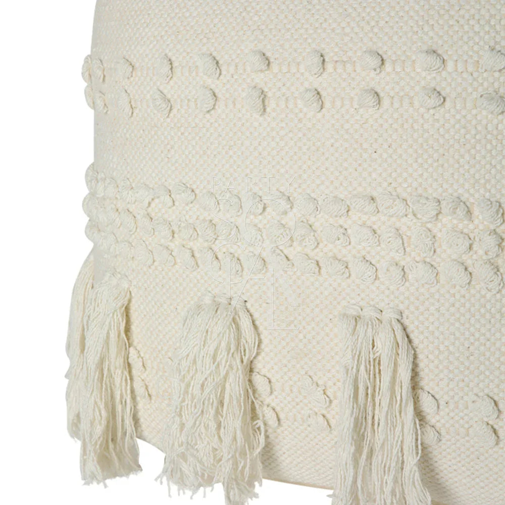 FABRIC & JUTE POUFS shown in close-up, highlighting their elegant, lightweight textile design, suitable for use as a pouf, small table, or decorative element.