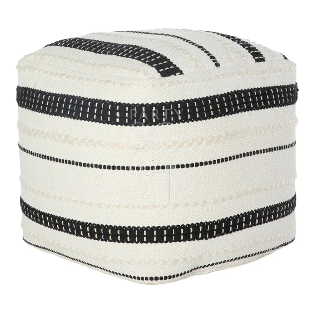 FABRIC & JUTE POUFS, a versatile white and black square pillow, perfect for use as a pouf, small table, or decorative piece.