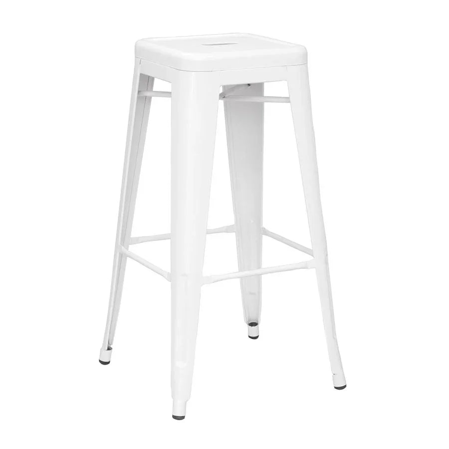 White Metal Bar Stool with sleek design, ideal for corporate events and home functions, available for rental or purchase at Party Social.