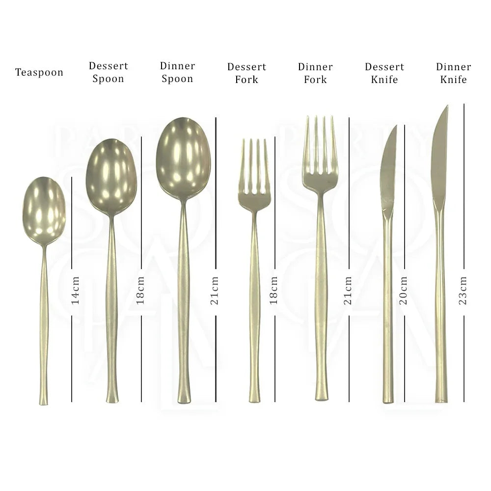 Modern champagne cutlery set featuring a spoon, fork, and knife, ideal for adding elegance to any dining occasion.