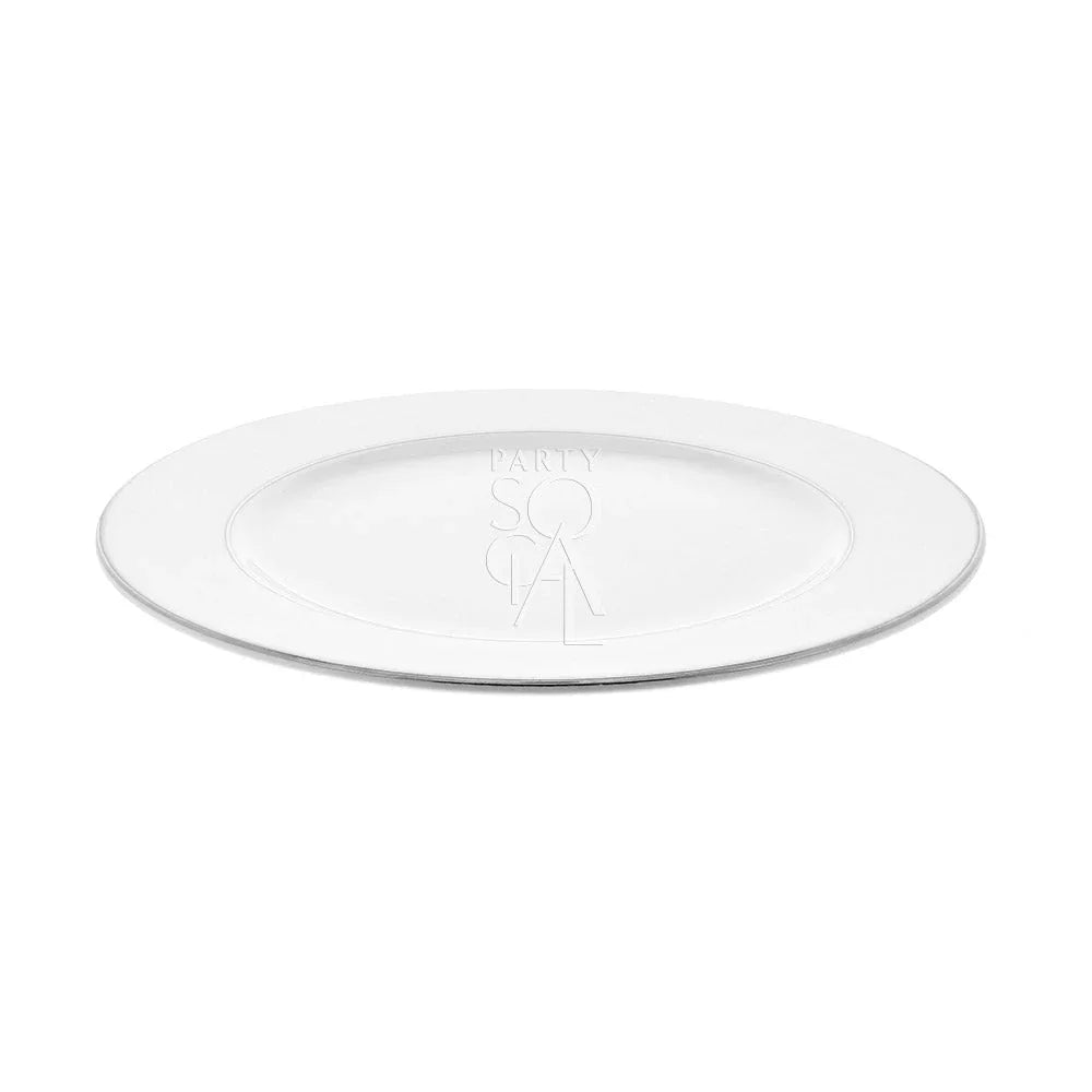 MODERN CHINA SILVER RIM PLATE, featuring a sleek design with a subtle logo, ideal for premium events and functions. Available in various sizes for versatile table settings.