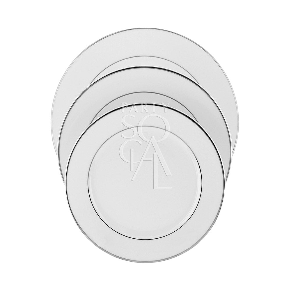 Modern China Silver Rim Plates stacked, showcasing elegant design for premium events. Includes dinner, soup, and dessert sizes, ideal for upscale occasions.
