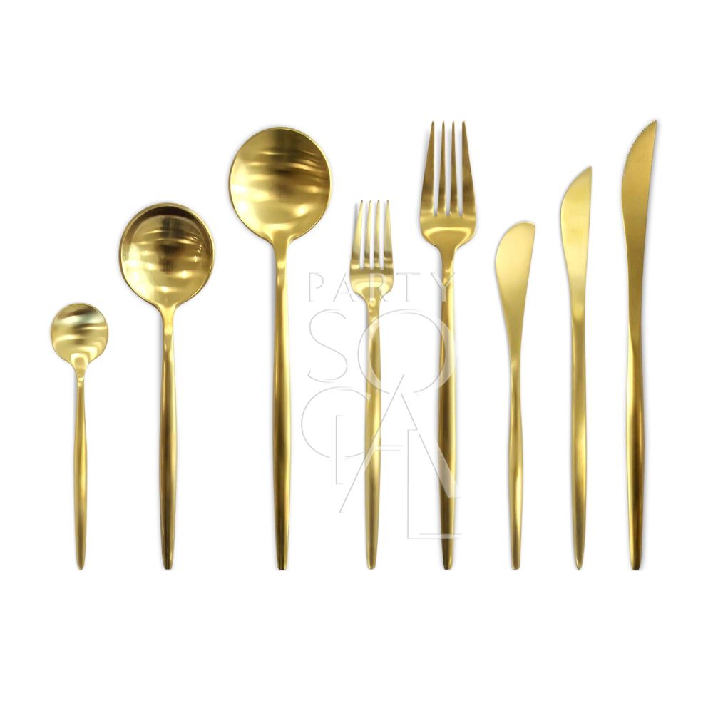 Vintage Arabesque Collection: Gold spoon, fork, and knife set, perfect for enhancing Ramadan dining experiences with classic elegance. Ideal for party rentals and special occasions.