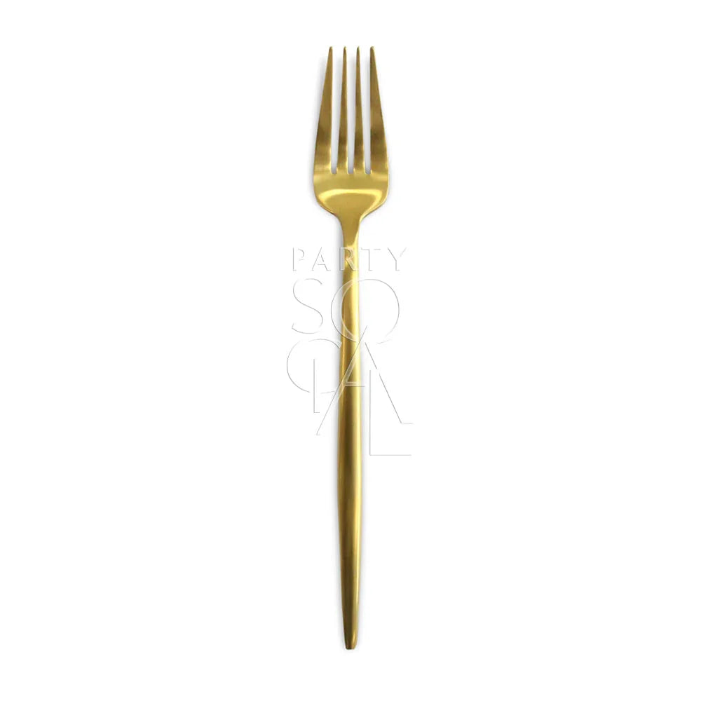 CUTLERY MODERN GOLD: A sleek gold fork, perfect for adding elegance to your dining table at any special event. Available at Party Social.