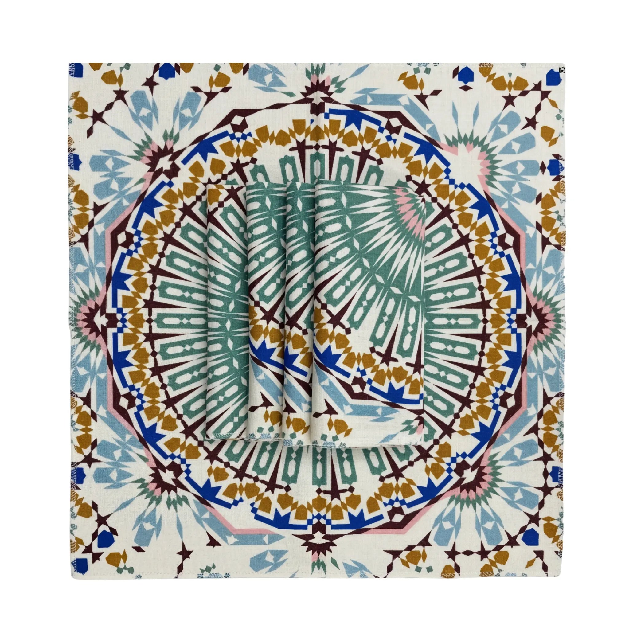 Moroccan Polyester Linen Napkin with kaleidoscopic mandala pattern, showcasing rich earthy tones, neatly folded. Ideal for stylish table settings at parties or events.