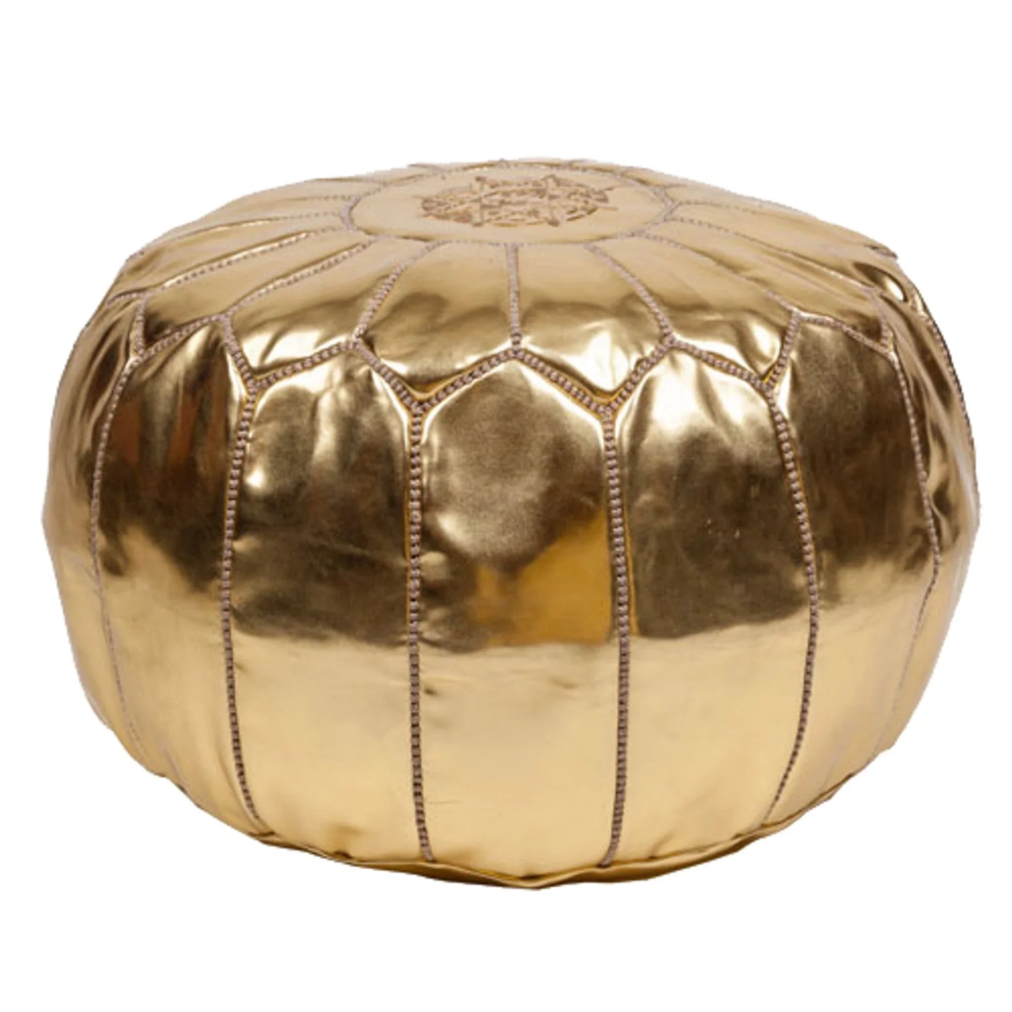 MOROCCAN LEATHER POUFS: Gold leather ottoman with intricate pattern, versatile for seating or decor, ideal for party and event settings.