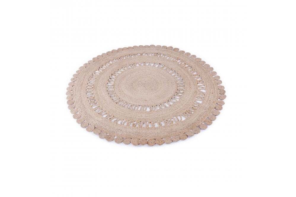RUG NATURAL JUTE ROUND, a woven circular rug with a scalloped edge, ideal for enriching any event setting.