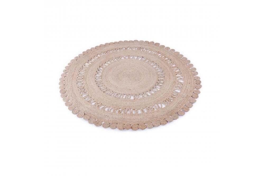 RUG NATURAL JUTE ROUND, a woven circular rug with a scalloped edge, ideal for enriching any event setting.