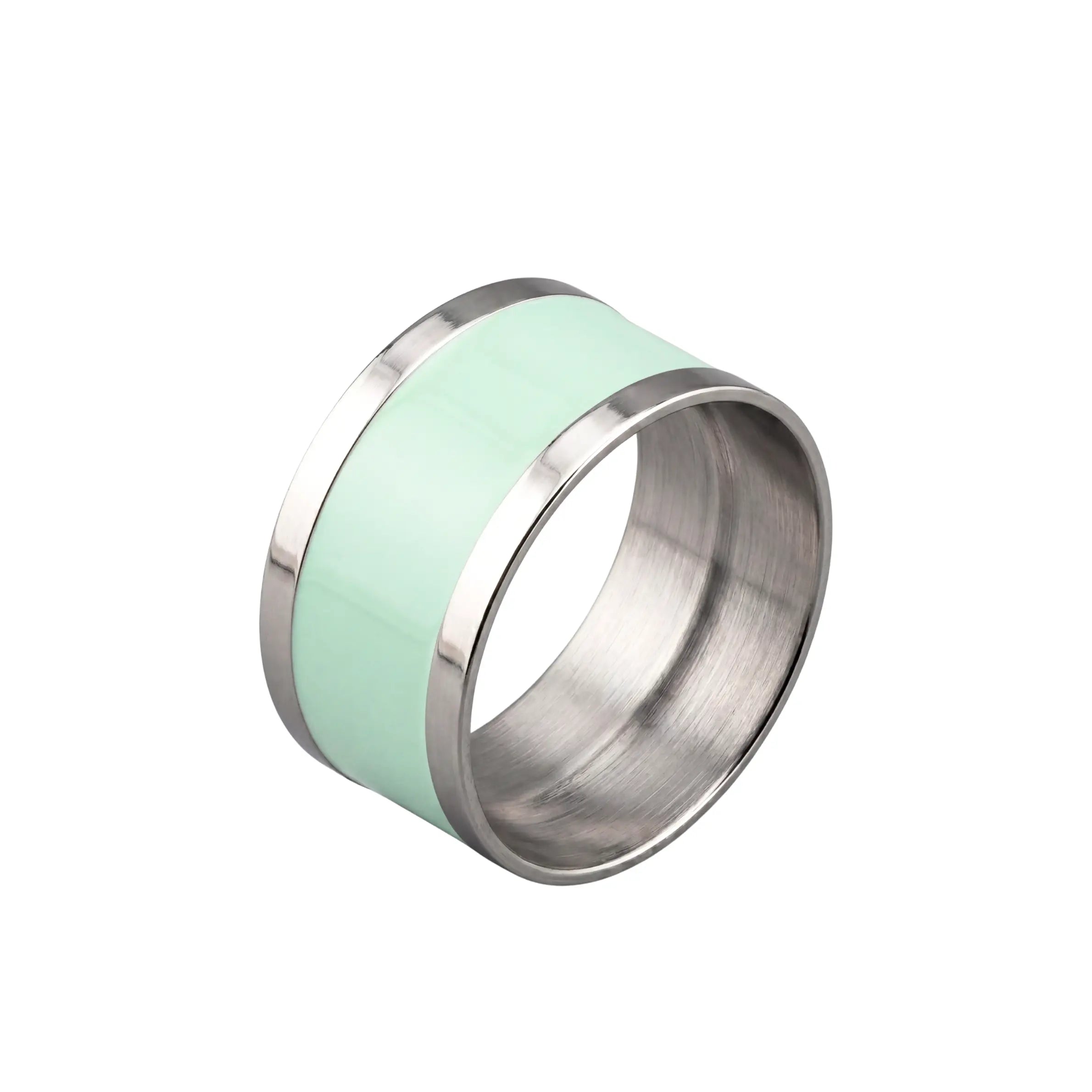 NAPKIN RING - SILVER & AQUA ROUND: Stainless-steel napkin ring with mint-green enamel inlay, perfect for coastal-themed events. Ideal for enhancing elegant tablescapes.