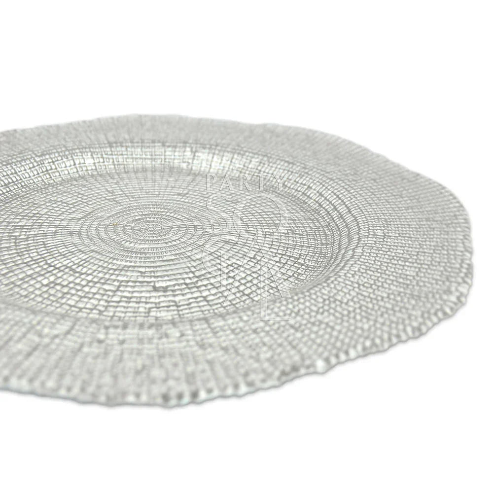 Charger Plate - Silver Grain: A close-up of a patterned silver glass charger plate, ideal for enhancing table settings at special events.