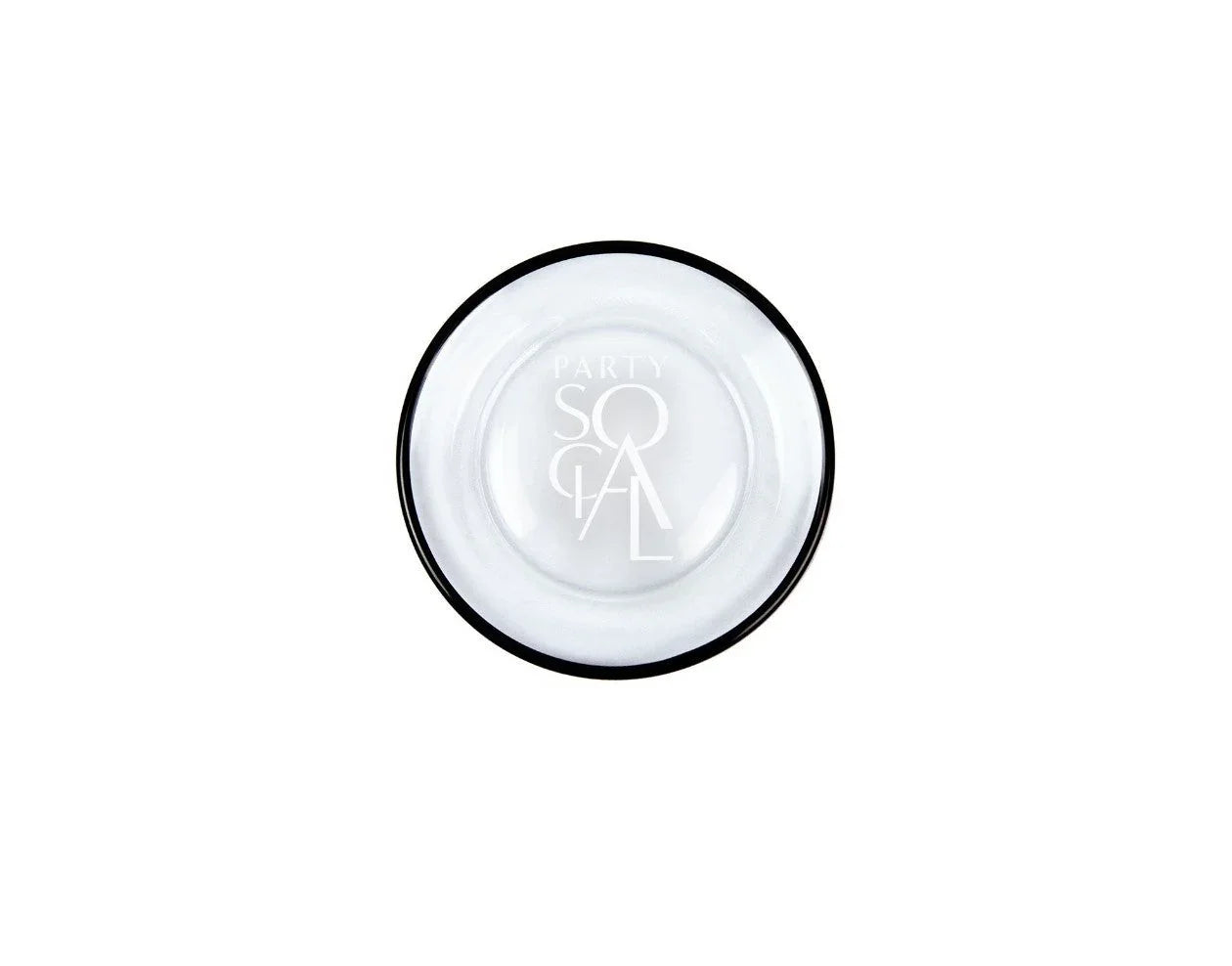 Clear Plate W/Black Rim Collection: A round, white dish with a thin black rim and PARTY SOCIAL text, perfect for modern, elegant table settings.