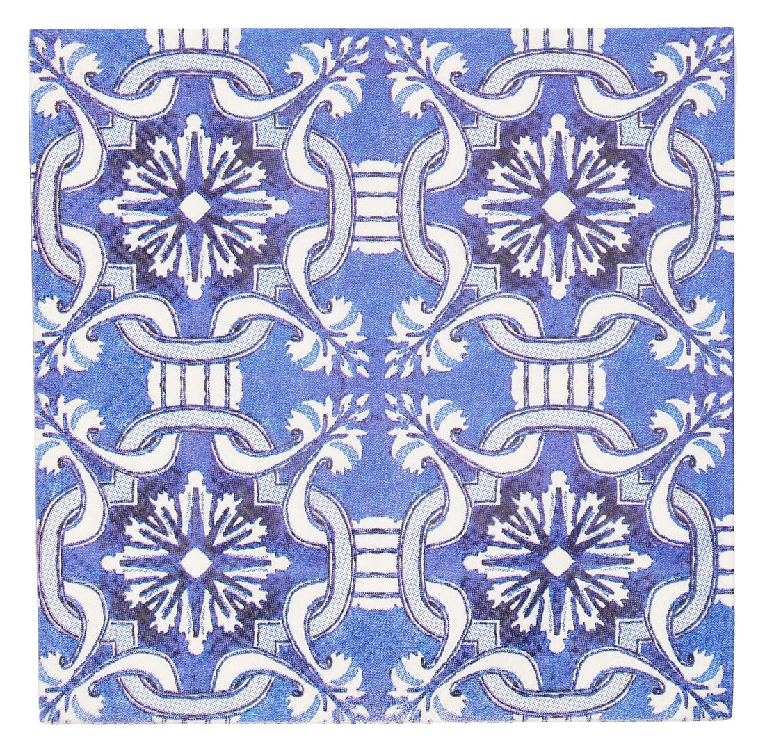 Moroccan Nights Paper Cocktail Napkins featuring intricate blue and white tile pattern. Elevate your party with these elegant guest towel napkins. Perfect for weddings, dinner parties, and special occasions. From Party Social.