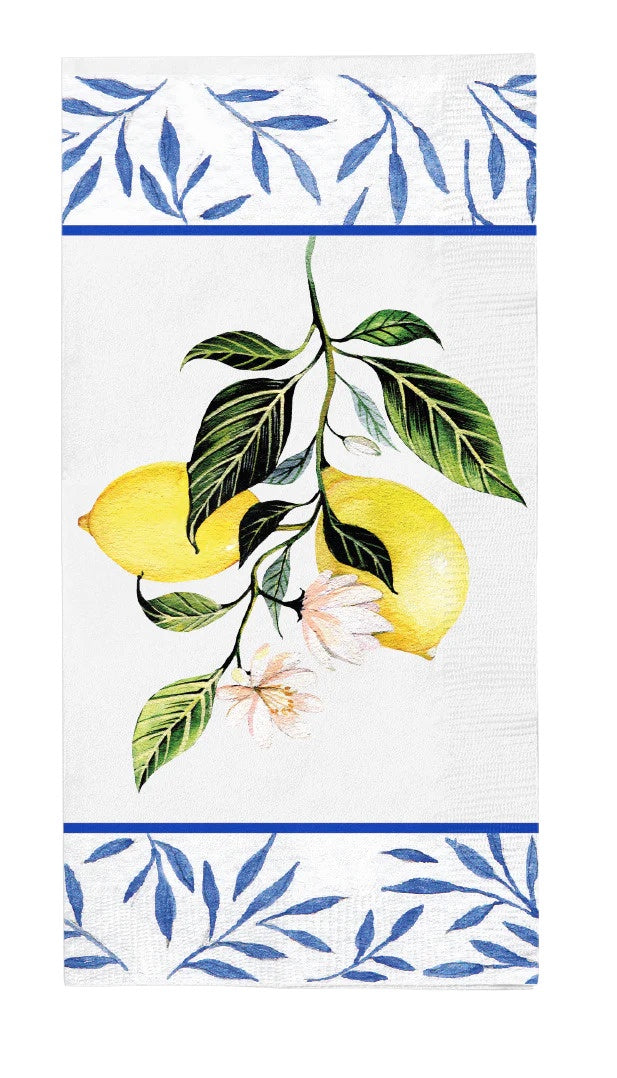 Paper guest towel napkins featuring lemons and leaves, adding elegance to any party. Pairs with Capri Coast collection. From Party Social, your go-to for event essentials.