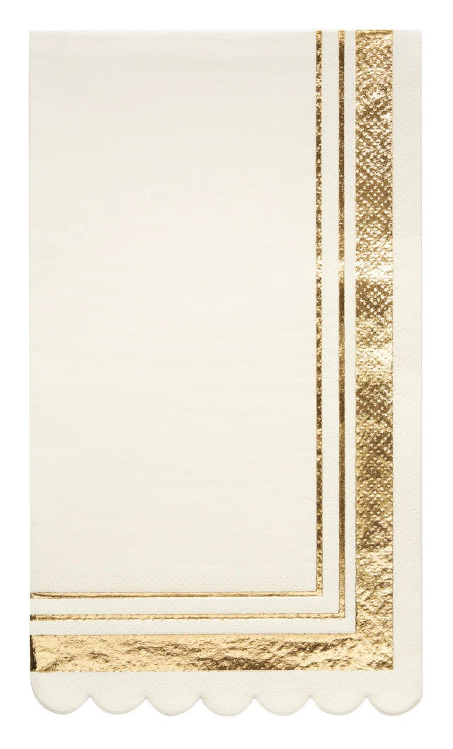 Lotus Paper Guest Towel Napkins - 20 Per Package, a white napkin with gold trim and stripes, perfect for parties. Elevate your dining experience with elegance. Ideal for weddings, birthdays, and special occasions. From Party Social.
