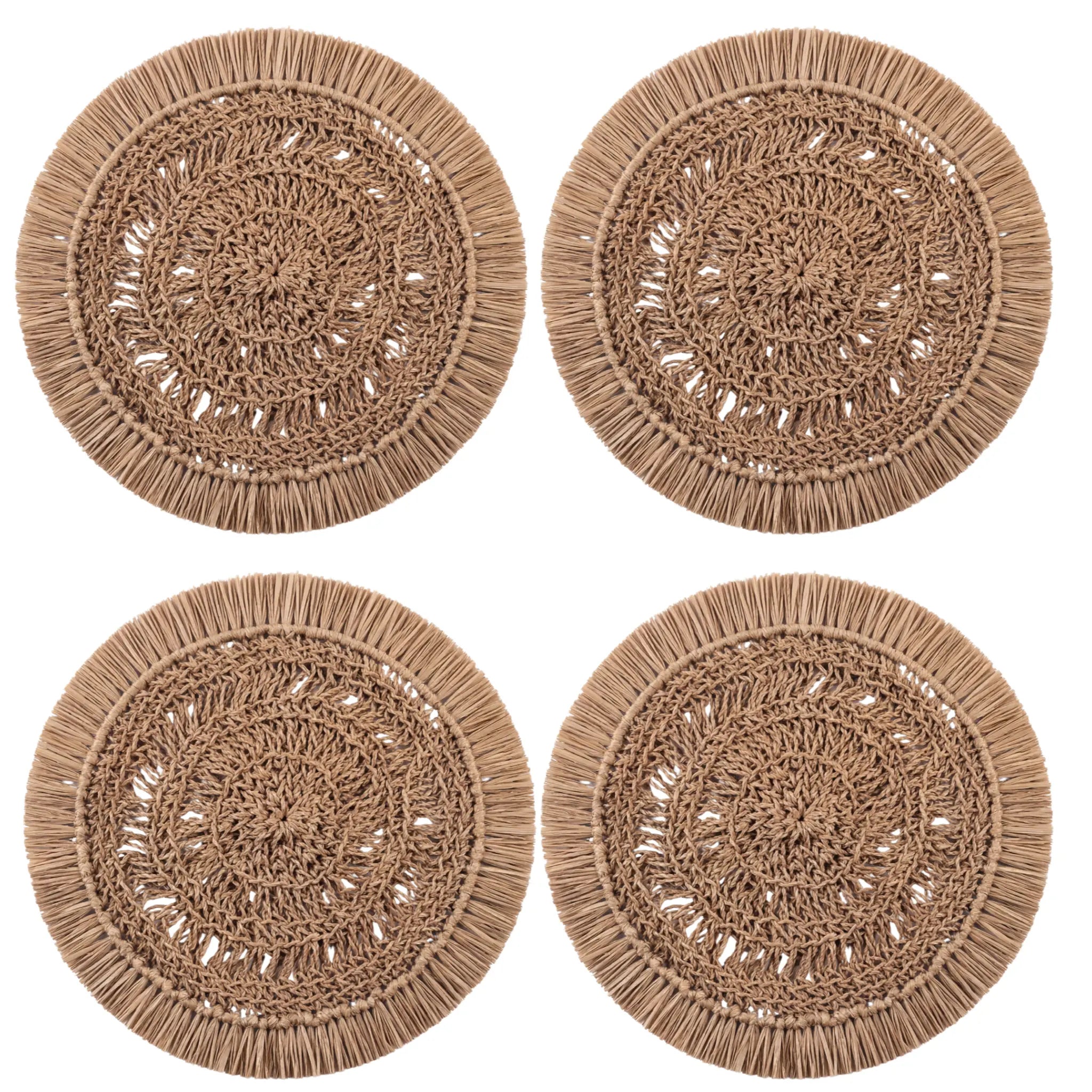 Natural Raffia Fringe Round Placemat set, showcasing four round woven mats with crochet-style center and fringed edges, ideal for chic, eco-friendly table settings.