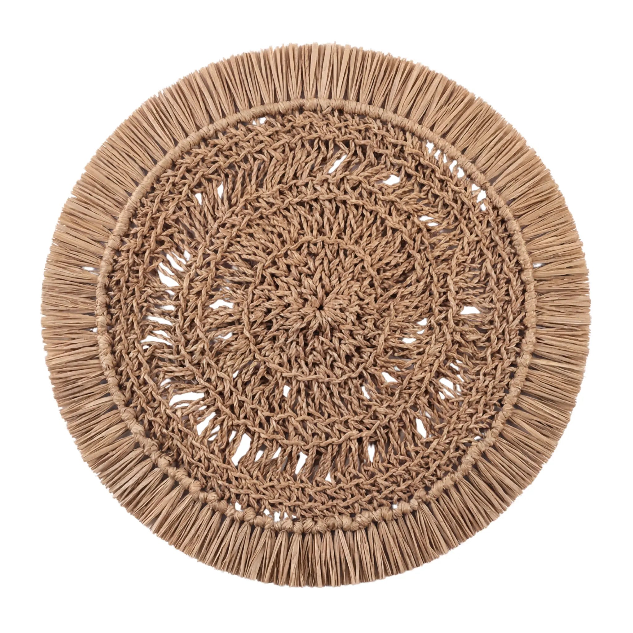 Natural Raffia Fringe Round Placemat - Set of 4, featuring intricate circular weaving and a fringed edge, perfect for casual dining and stylish coastal tablescapes.