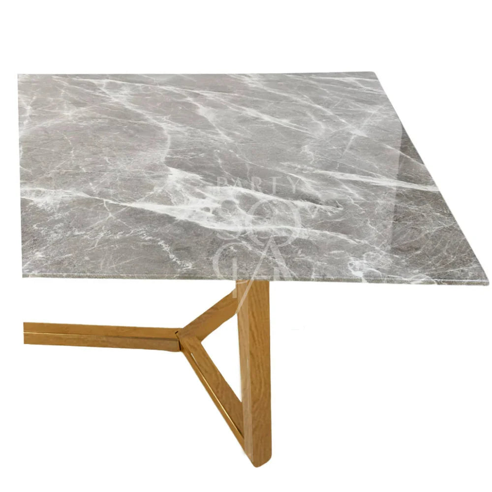 NATURAL BASE WITH GREY MARBLE TOP table, featuring a sleek marble surface and sturdy wooden leg, perfect for corporate events and home functions.
