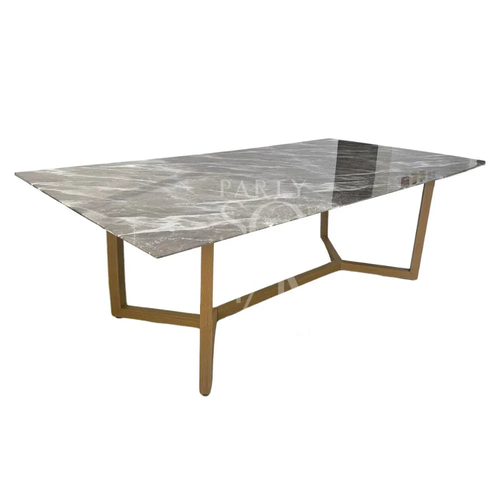 NATURAL BASE WITH GREY MARBLE TOP table featuring a sleek marble surface and sturdy steel legs, ideal for events and home gatherings. Perfect for Party Social&