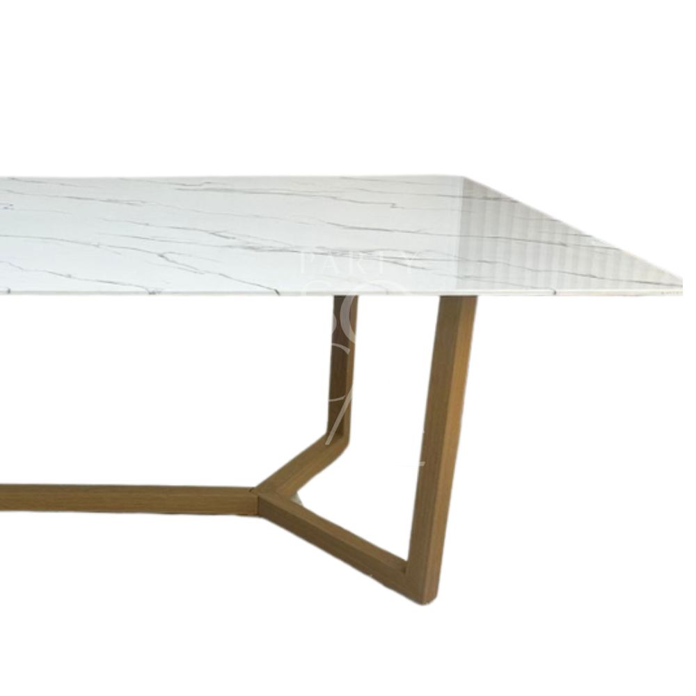 NATURAL BASE WITH WHITE MARBLE TOP table, featuring a sleek marble surface and sturdy wooden legs, ideal for event and home use from Party Social.