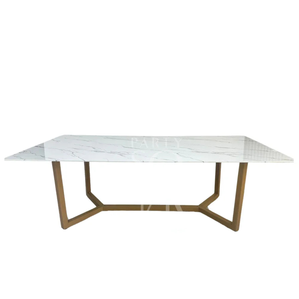 NATURAL BASE WITH WHITE MARBLE TOP: A sleek marble table with sturdy wooden legs, ideal for corporate events and home functions, available at Party Social.