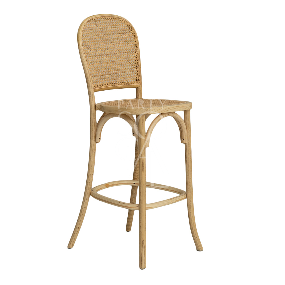 Wood Rattan Stool with wicker back, ideal for weddings and events, showcasing a close-up of its vintage, natural wood construction. Perfect for pairing with wooden tables.