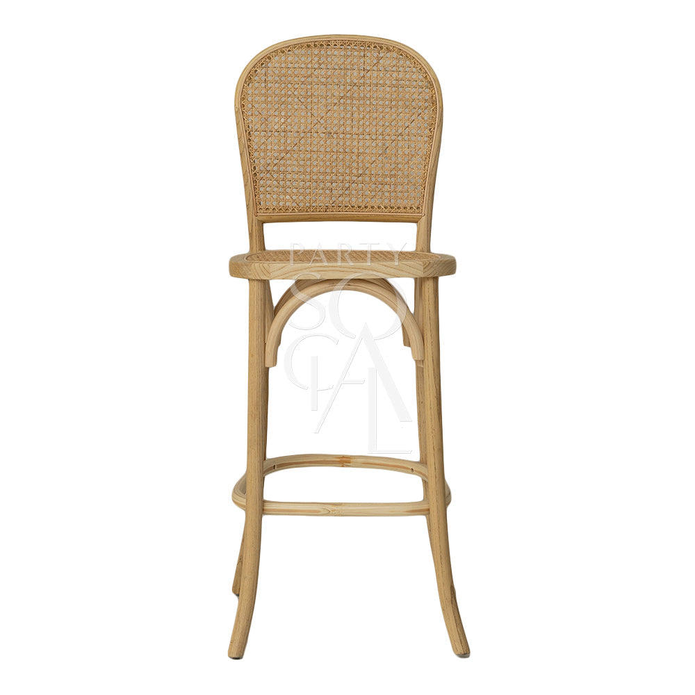 Wood Rattan Stool with wicker backrest, ideal for weddings and events; showcases a vintage look, perfect for pairing with wooden tables.