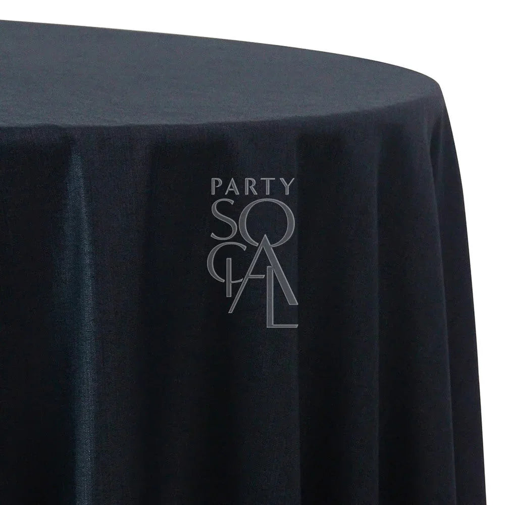 Round tablecloth linen blend featuring a black and white logo, ideal for special occasions, from Party Social&