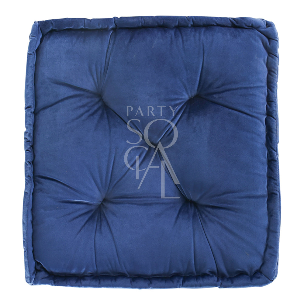 FLOOR CUSHION VELVET: Luxurious blue velvet cushion cover, 60cm square, ideal for adding elegance to event seating or decor. Perfect for party and event styling.