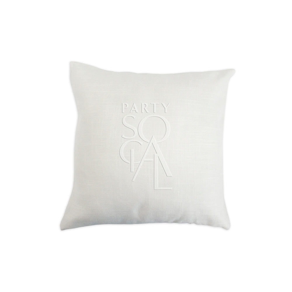 CUSHION COVER LINEN WEAVE: Stylish white pillow with logo, made from premium linen weave fabric, ideal for enhancing event decor. Available in multiple sizes.
