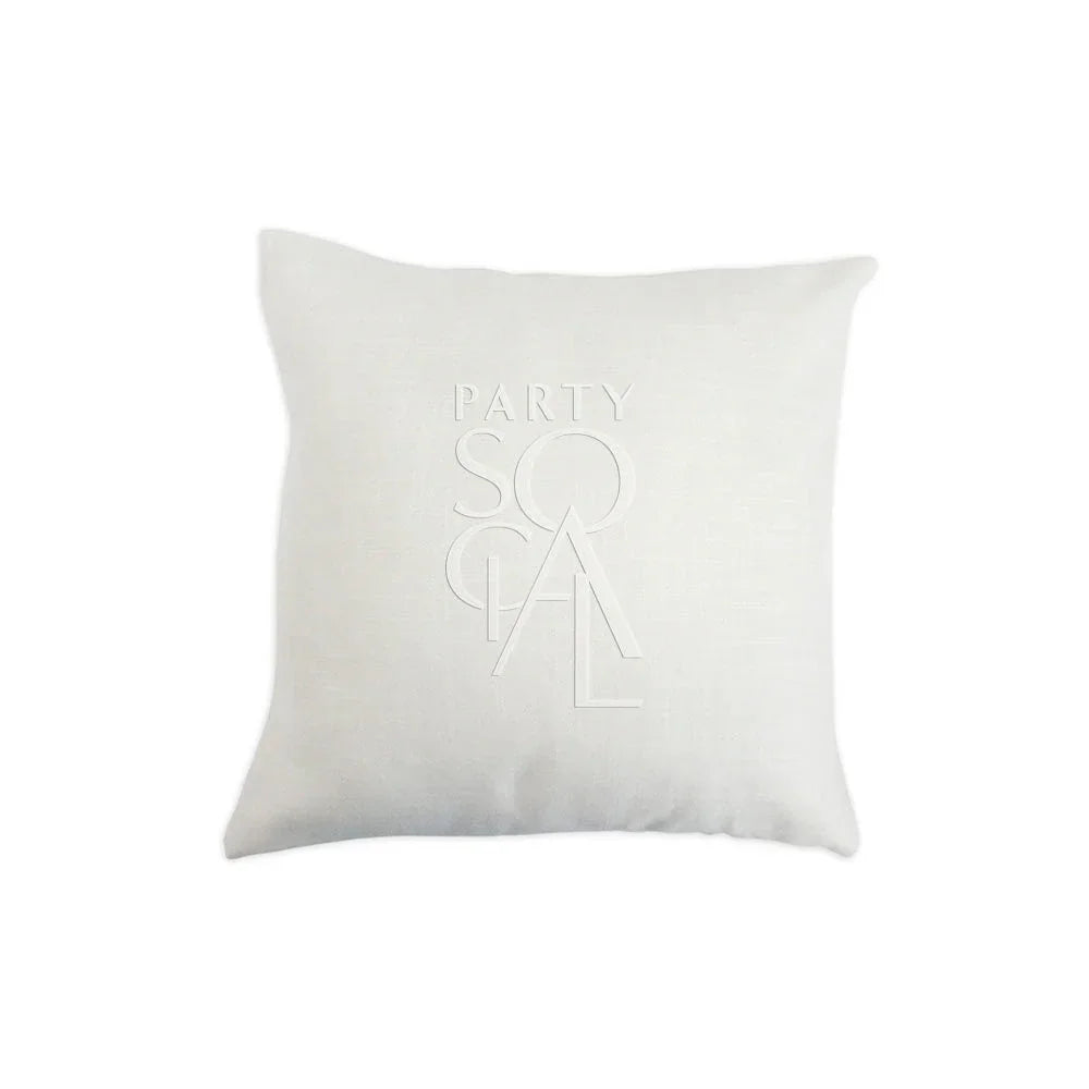 CUSHION COVER LINEN WEAVE: Stylish white pillow with logo, made from premium linen weave fabric, ideal for enhancing event decor. Available in multiple sizes.