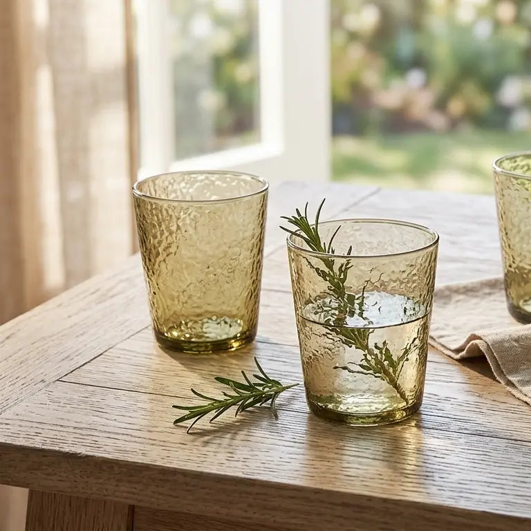 Green glass tumblers with water and herbs on a wooden table with a blurred garden background